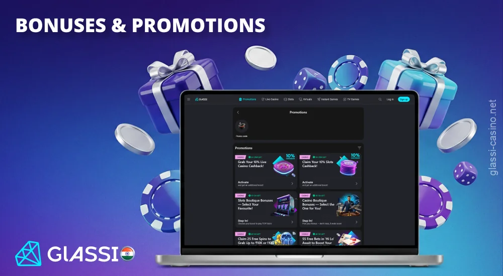 Players at Glassi Casino India can receive welcome bonuses and special promotions for slots, live casino games, and crash games