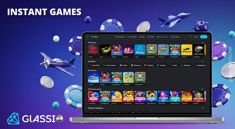 Glassi Casino's instant games offer fast-paced rounds with increasing multipliers and popular crash games