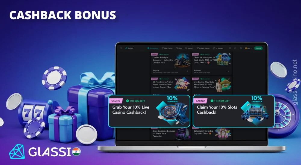 Glassi Casino offers weekly cashback of up to 10% on losses from slots and the live casino