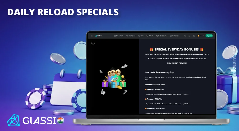Glassi Casino offers daily promotions featuring bonuses, free spins, and cashback for active players