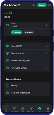 Screenshot of the Glassi Casino app account