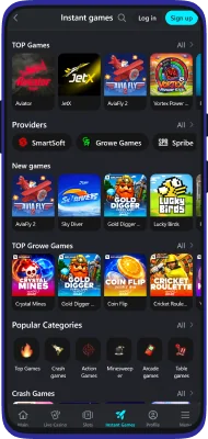 Screenshot of instant games of the Glassi Casino app