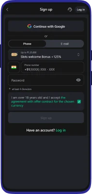 Screenshot of registration in the Glassi casino application