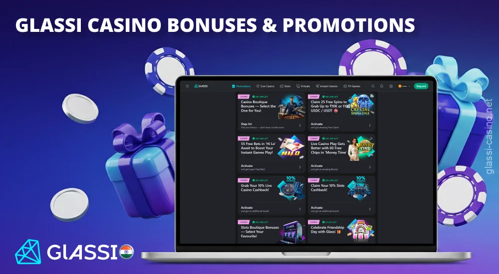 Glassi Casino offers Indian players a wide selection of bonuses, including up to 125% on their first deposit