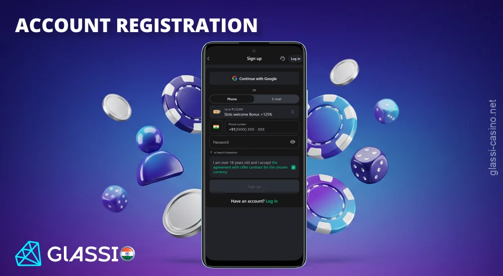 Create an account in the Glassi Casino app by entering your information and agreeing to the terms and conditions