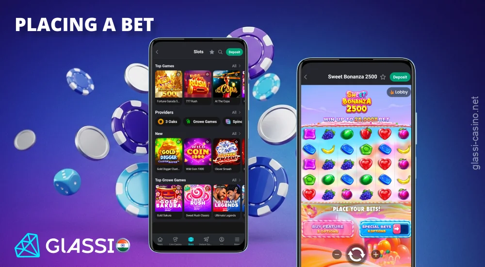 Select a game in the Glassi Casino app, set your bet amount, and confirm the start of the round