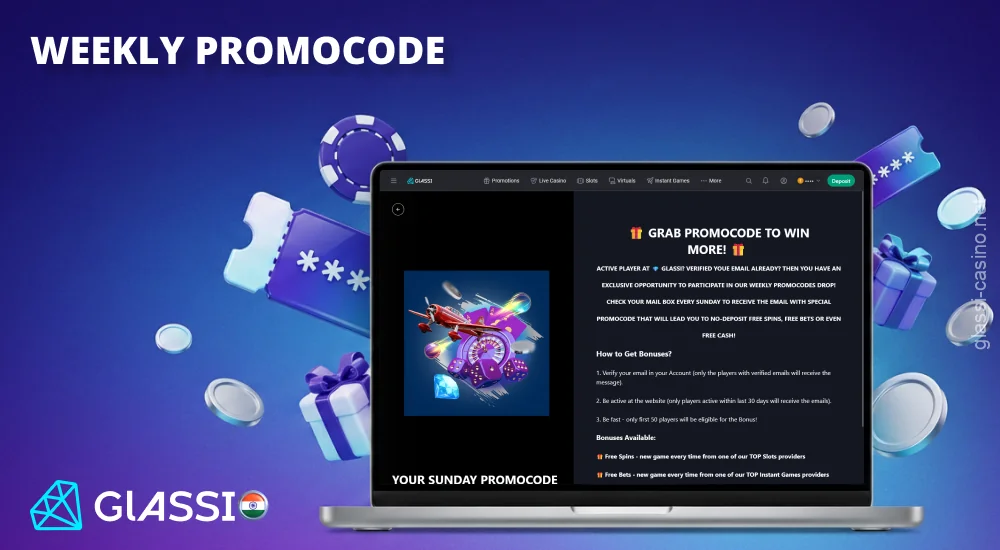 Glassi Casino in India sends active players weekly promo codes offering free spins, wagers, and cash bonuses